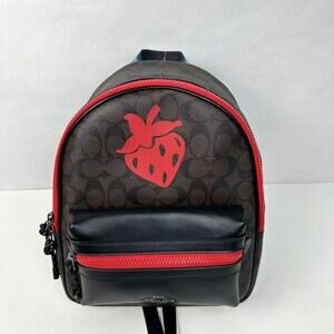 Coach Charlie Backpack Signature Canvas Strawberry Motif Brown Black NWT F78252